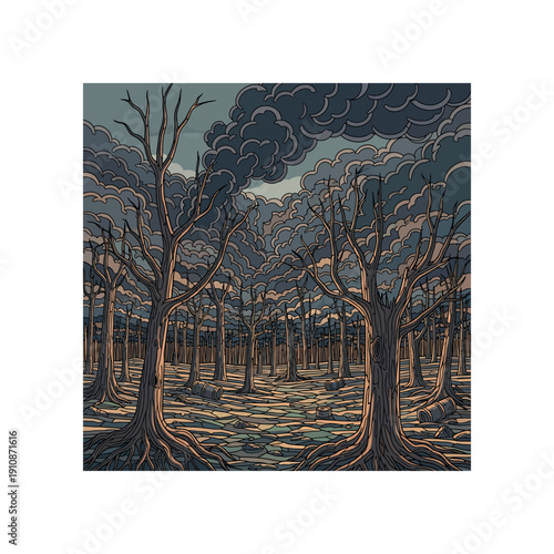 Bare Trees with Dark Cloudy Sky.