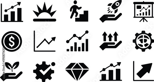 Business growth icons, productivity illustration, finance symbol, startup rocket, career development, analytics chart, sustainability plant, innovation design, strategic planning art