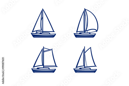 Four navy blue sailboat icons are arranged in a two-by-two grid against a black background. Each graphic depicts a different sail configuration for a small sailing boat.