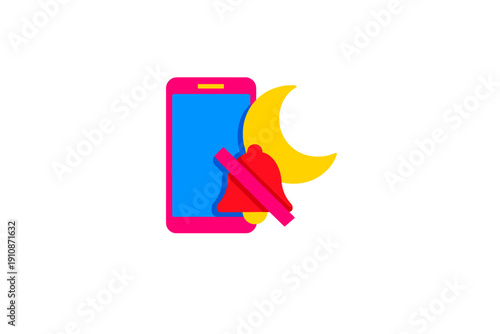 A flat illustration of a pink smartphone with a blue screen, a yellow crescent moon, and a red muted notification bell icon on a black background representing silent night mode.
