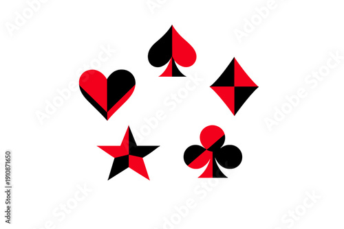 A minimalist graphic illustration featuring five stylized card suit symbols and a star arranged in a circular pattern on a black background with red and black geometric segments.