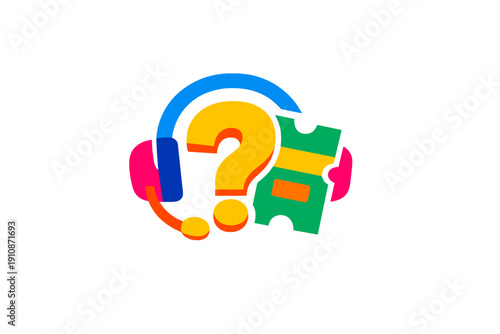 A colorful illustration featuring a headset, a large yellow question mark, and a green ticket on a black background, representing customer support and help desk services.