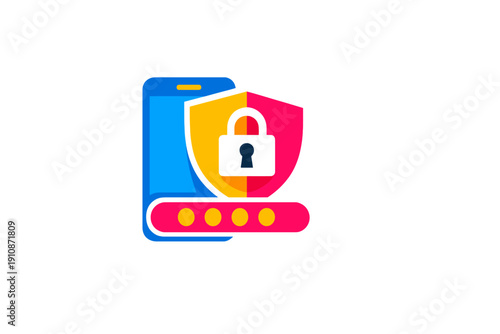 A colorful vector illustration of a blue smartphone protected by a shield with a padlock icon and a password entry field below it, symbolizing mobile data security and privacy.