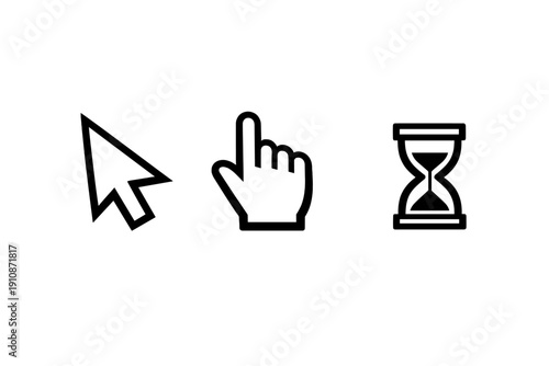 A set of three classic computer cursor icons featuring a selection arrow, a pointing hand, and a waiting hourglass, presented in white against a dark black background.