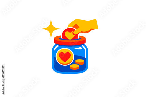 A stylized illustration of a yellow hand placing a red coin with a yellow heart into a blue glass jar filled with similar heart-themed coins against a black background.
