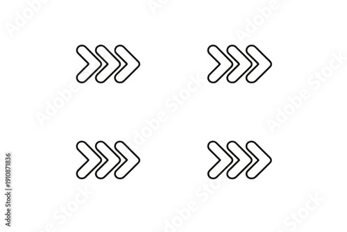 A minimalist graphic featuring four sets of triple right-pointing chevrons arranged in a grid pattern on a solid black background. The icons represent speed and forward motion.
