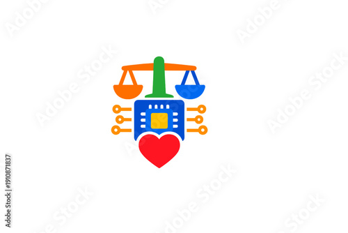 A colorful illustration featuring a scale of justice, a computer processor, and a red heart on a black background, symbolizing the intersection of technology, law, and ethics.