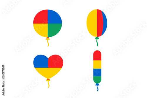Four colorful balloons in different shapes including heart and circle are displayed against a solid black background. Each balloon features a combination of red, blue, yellow, and green colors.