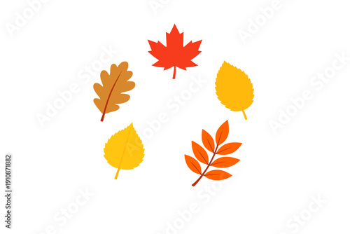 Five stylized autumn leaves in shades of red, orange, yellow, and brown are arranged in a circle on a black background. This flat illustration captures the essence of the fall season.