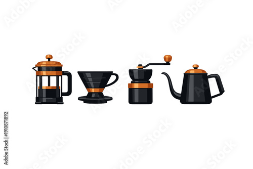 A flat vector illustration featuring four black and copper coffee brewing tools including a French press, pour-over dripper, manual grinder, and gooseneck kettle on a black background.