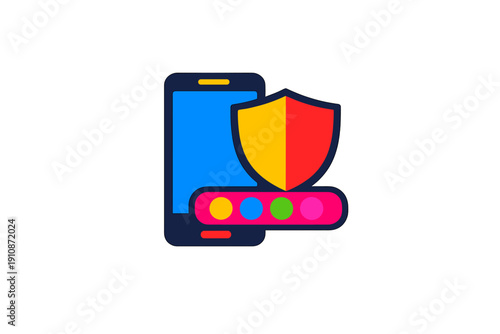 A colorful flat vector illustration of a smartphone with a protective shield and a password entry field, representing mobile data security and privacy protection on a black background.