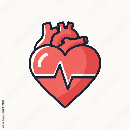 Human anatomical heart icon with red heartbeat ECG pulse line. Human heart in love shape, healthcare monitoring, cardiovascular fitness rhythm, and wellness app design vector illustration.