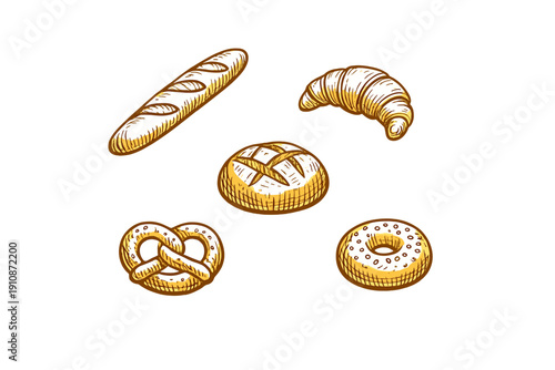 A collection of hand drawn bakery products including a baguette, croissant, round bread loaf, pretzel, and bagel, illustrated in a vintage engraving style on a black background.