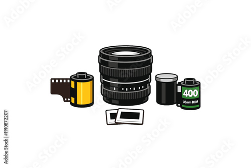 This illustration features a professional camera lens surrounded by film canisters, a film strip, and photographic slides, all set against a solid black background.