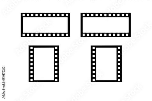 A collection of four black and white film strip frames arranged in a grid on a dark background. The set includes two horizontal and two vertical frames with classic sprocket holes.