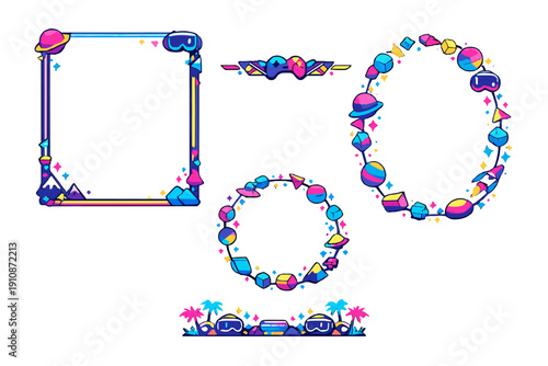A collection of neon-colored decorative frames and borders featuring futuristic gaming elements like VR goggles, planets, and geometric shapes on a black background.