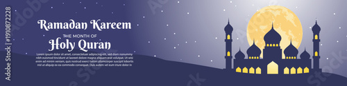 Ramadan Kareem banner with mosque silhouette, full moon, and starry night sky, celebrating the month of the Holy Quran.