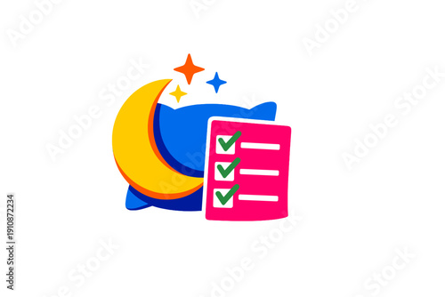 This graphic depicts a blue pillow and a yellow crescent moon accompanied by three stars and a pink checklist with green checkmarks, all set against a black background.