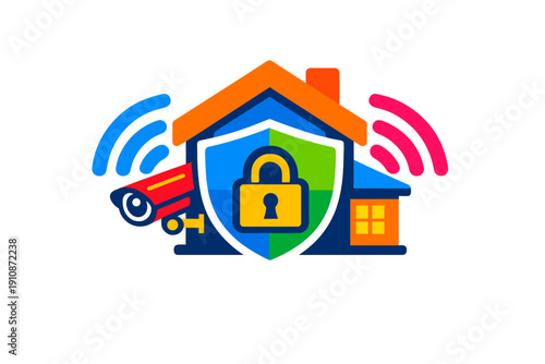 A colorful illustration of a house with a protective shield, a yellow padlock, and a red security camera on a black background, representing smart home security and protection.