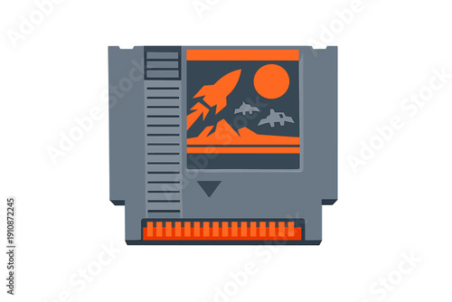 This minimalist graphic depicts a vintage gaming cartridge with a space exploration scene on the label, including a rocket and celestial bodies in a limited color palette.