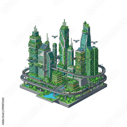 Futuristic Green Cityscape with Skyscrapers and Drones.