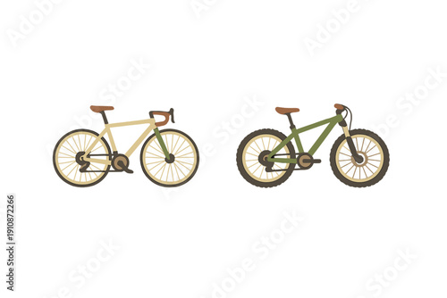 This flat vector illustration features two stylized bicycles, a cream road bike and an olive green mountain bike, displayed side by side against a solid black background for a clean look.
