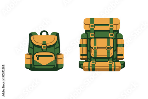 This flat illustration shows two green and yellow backpacks on a black background. One is a standard daypack while the other is a larger hiking rucksack with multiple buckles.