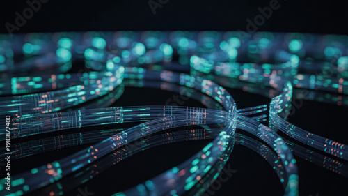 Glowing fiber optic cables transmit data in a dark high-tech environment background