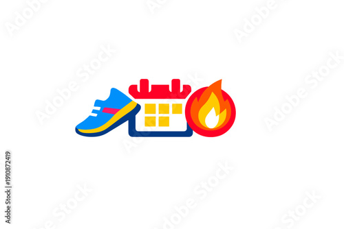A flat vector illustration featuring a blue running shoe, a red calendar icon, and a fire flame symbol representing fitness tracking, exercise scheduling, and calorie burning.