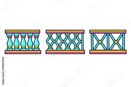 A set of three colorful vector illustrations showing different architectural balcony railing styles with classic balusters and geometric patterns on a black background.