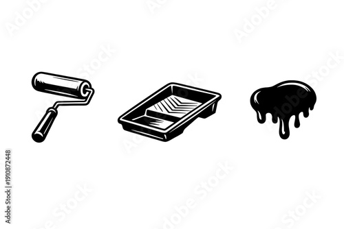 A set of three white minimalist icons on a solid black background featuring a paint roller, a paint tray, and a paint drip, representing home renovation and decorating tools.
