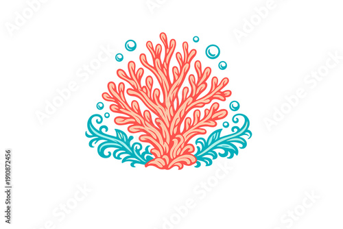 A stylized pink coral illustration with teal bubbles and decorative swirls on a black background. This graphic design features a symmetrical composition of marine life elements.