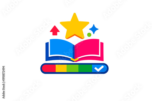 A colorful illustration of an open book with a large yellow star, a red arrow, and a progress bar with a checkmark, symbolizing educational achievement and learning progress.