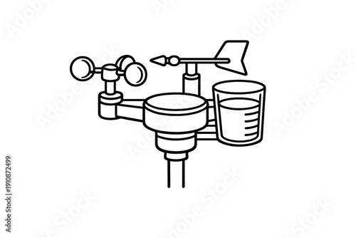 This technical line art illustration depicts a meteorological weather station with an anemometer, wind vane, and rain gauge. The drawing is presented in white lines on a black background.