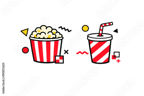 This graphic illustration features a popcorn container and a soft drink cup with a straw, both styled with red and black stripes against a dark background with abstract shapes.