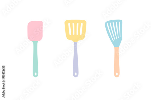 Three colorful kitchen spatulas are shown against a solid black background. The set includes a pink scraper, a yellow slotted turner, and a blue fish spatula in a flat design style.