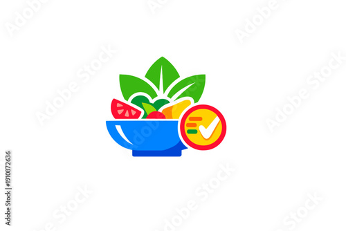A colorful vector illustration of a healthy salad in a blue bowl with green leaves, tomato, and fruit, accompanied by a red checkmark icon indicating a completed meal plan or healthy choice.