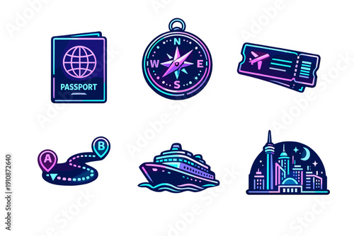 A collection of six neon travel icons featuring a passport, compass, flight ticket, route map, cruise ship, and city skyline. The icons glow in vibrant blue and purple hues.