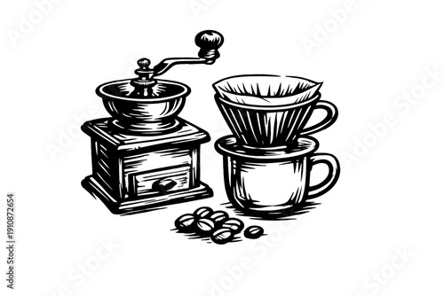 A black and white woodcut style illustration of a vintage manual coffee grinder next to a pour-over coffee dripper on a mug with scattered coffee beans on a black background.