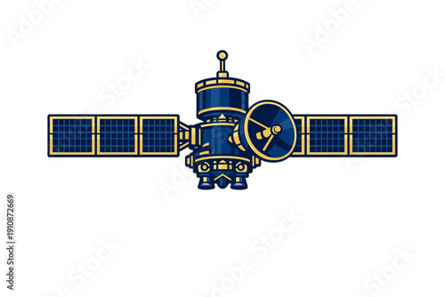 A stylized vector illustration of a space satellite with solar panels and a communication dish, rendered in dark blue and gold colors against a solid black background.