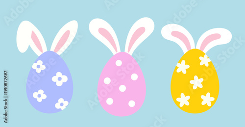 Bunny ears Easter egg cartoon vector collection.
Easter egg with bunny ears flat vector icon.
Cute patterned Easter eggs with bunny ears illustration set.