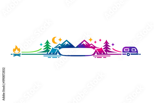 A vibrant rainbow gradient line art illustration of a camping scene featuring a campfire, pine trees, mountains, tents, and a camper trailer against a black background.