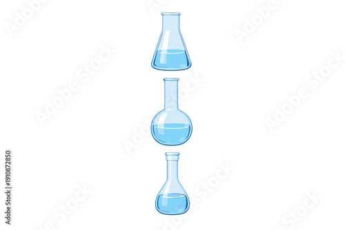 Three different types of laboratory flasks containing blue liquid are arranged vertically against a solid black background. The set includes an Erlenmeyer, round-bottom, and pear-shaped flask.