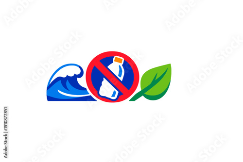 A graphic illustration featuring a blue ocean wave, a red prohibition sign over a plastic bottle, and a green leaf, symbolizing environmental protection and plastic waste reduction.