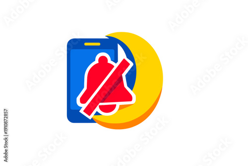 A flat vector illustration of a blue smartphone with a yellow crescent moon and a red silent bell icon, representing do not disturb or night mode settings on a mobile device.