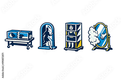 Four stylized illustrations of classic magic tricks including sawing a person in half, stepping through a portal, a zigzag box illusion, and a hand emerging from a mirror.