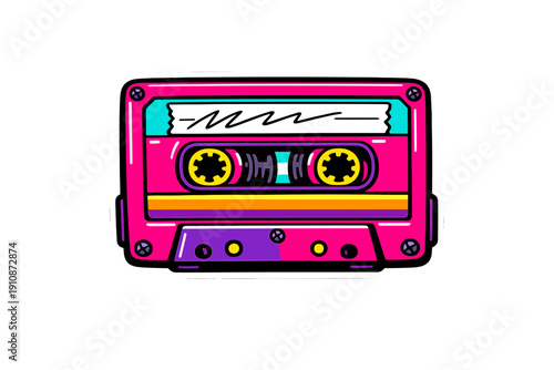 A vibrant neon pink cassette tape illustration with retro 80s and 90s vibes, featuring colorful details like yellow reels and a teal window against a solid black background.