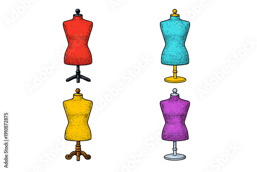 A set of four vintage-style dress forms in red, cyan, yellow, and purple colors. Each mannequin is illustrated with a stippled texture and set against a solid black background.