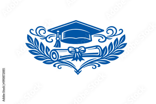 A blue graphic illustration of a graduation cap and a rolled diploma with a ribbon, framed by laurel wreaths and decorative swirls on a solid black background.