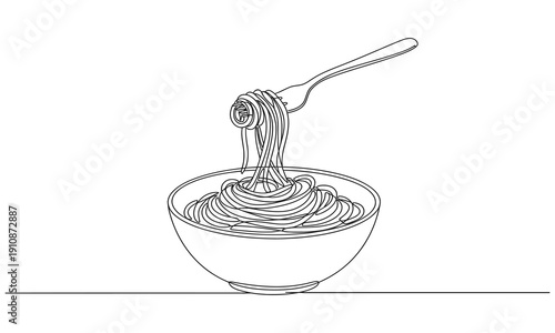 Continuous one line of a bowl of pasta with fork, symbolizing Italian cuisine, drawn